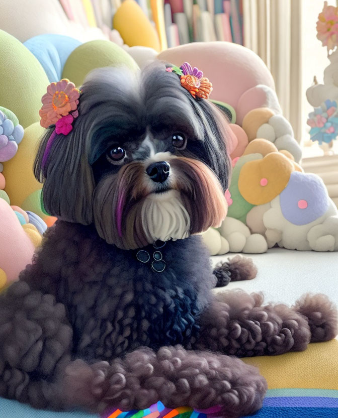 Fluffy Black and Beige Dog on Colorful Flower Cushion Backdrop