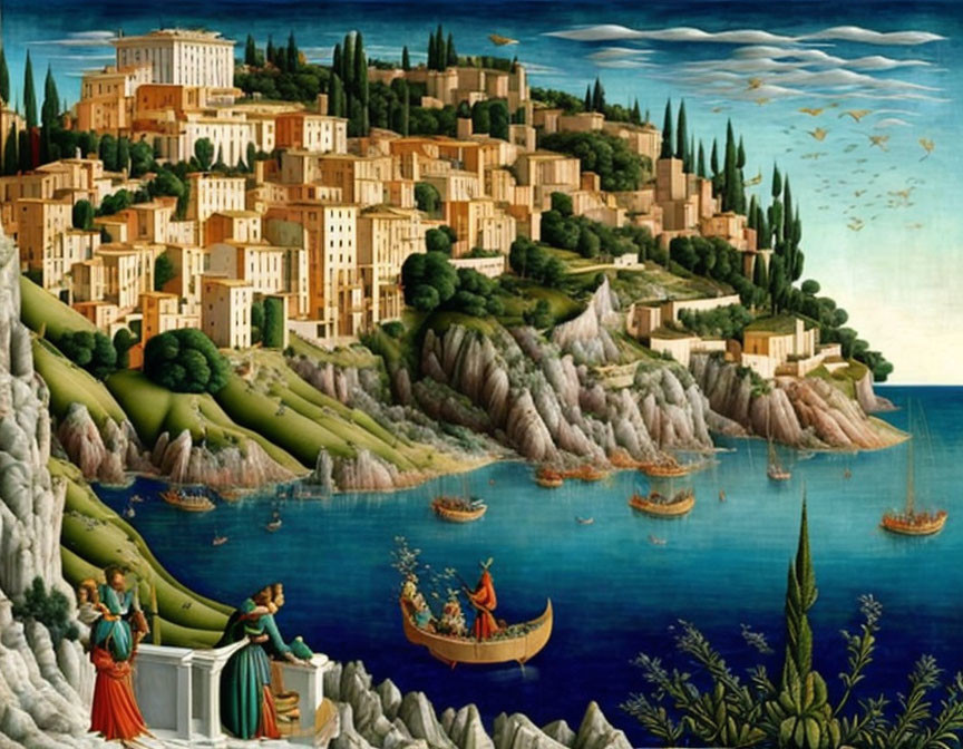 Renaissance painting: Hilltop village by the sea, period clothing, boats, detailed landscape