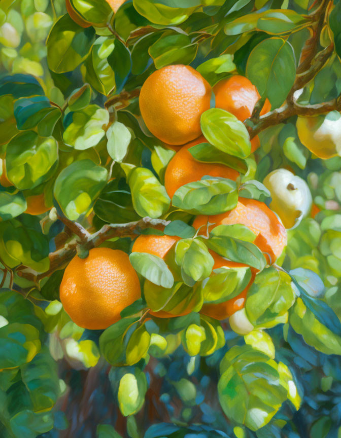 Vibrant orange citrus fruits on tree with green leaves in sunlight