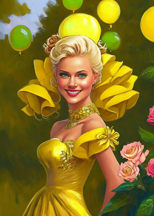 Smiling woman with blonde hair in floral gown surrounded by balloons and roses