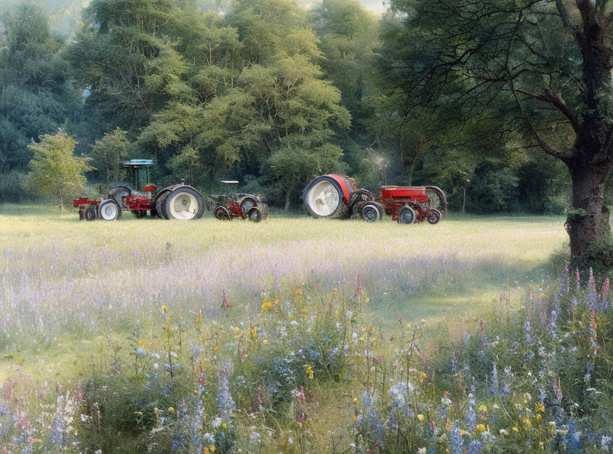 Vintage Tractors in Serene Wildflower Meadow