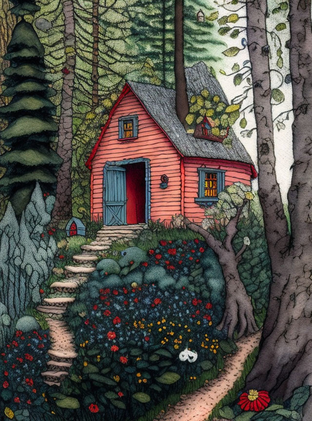 Red Cottage in Lush Forest with Stone Path at Twilight