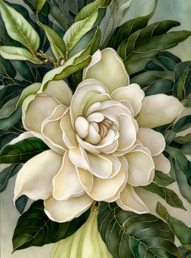 Detailed Illustration: White Gardenia with Creamy Petals & Green Leaves