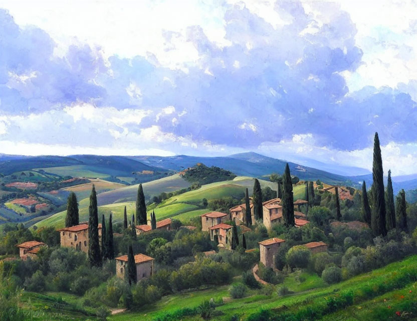 Rural landscape painting with rolling hills and cypress trees