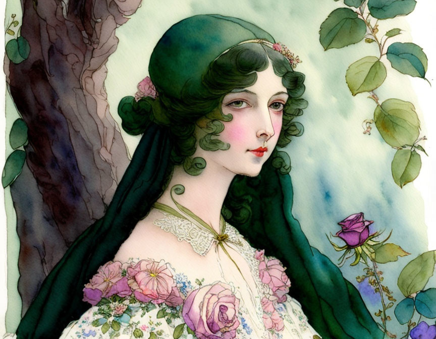 Illustration of woman with dark hair in green cap and floral dress among rose vines