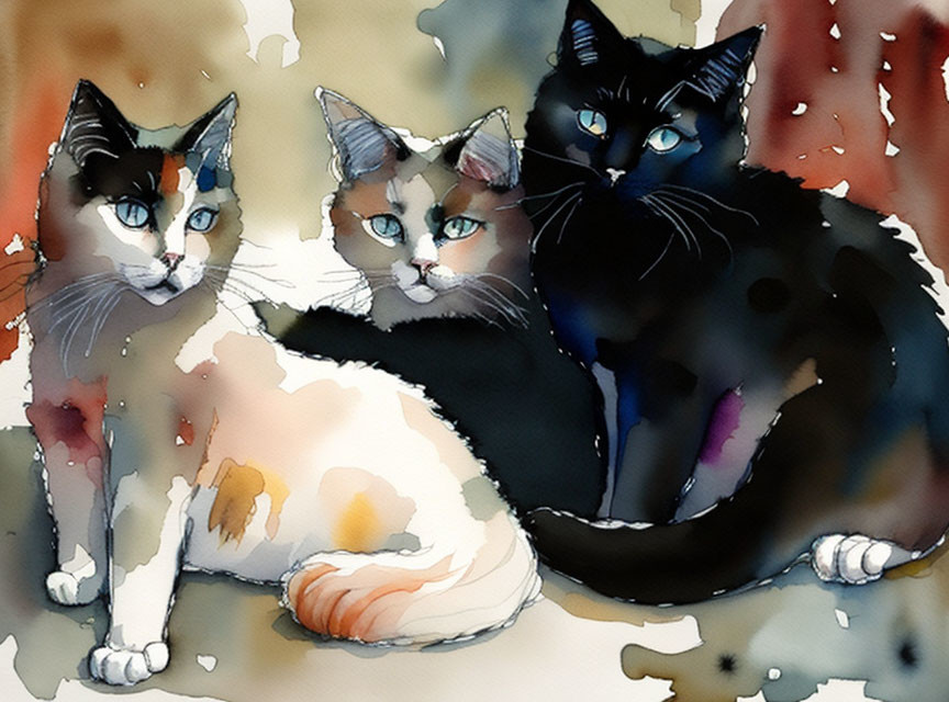 Three Cats Watercolor Painting with Vibrant Blue Eyes and Varied Fur Colors