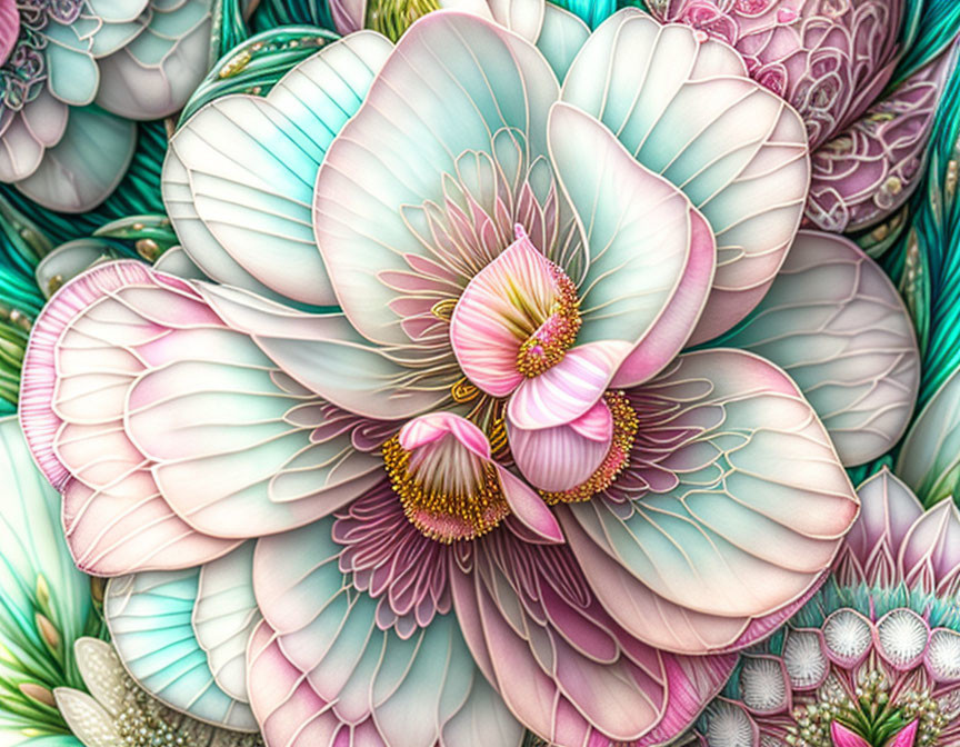 Detailed digital illustration of stylized pastel flowers with layered petals and intricate leaf patterns.