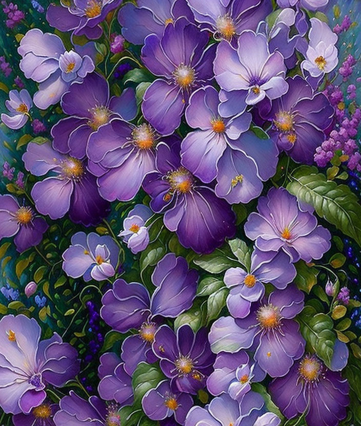 Colorful Floral Painting with Purple Flowers and Green Leaves