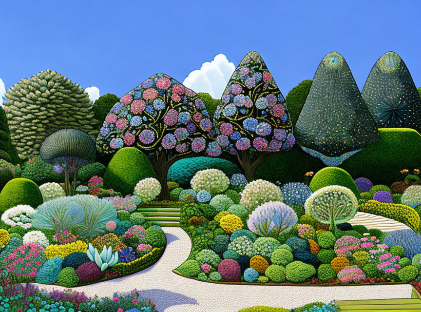 Stylized garden with geometric plant patterns under blue sky