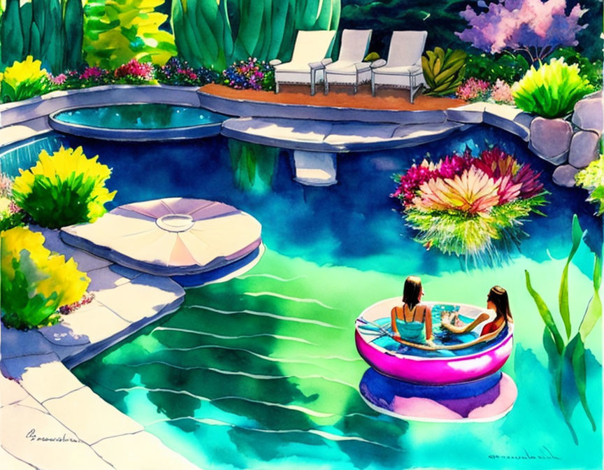 Serene garden pool scene with two people on floating ring