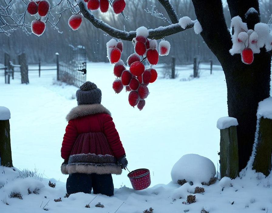 Child in Red Coat Sitting Under Snow-Covered Tree in Winter Landscape