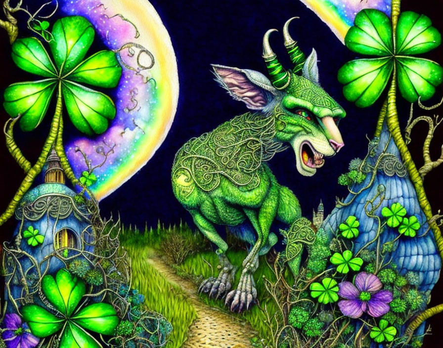 Colorful depiction of horned green creature in celestial setting