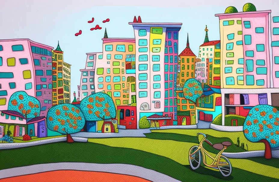 Vibrant cityscape illustration with whimsical buildings and nature elements