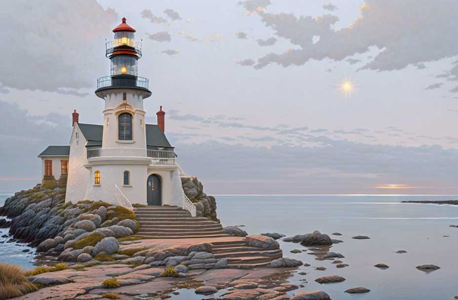 Scenic lighthouse at dusk on rocky shores