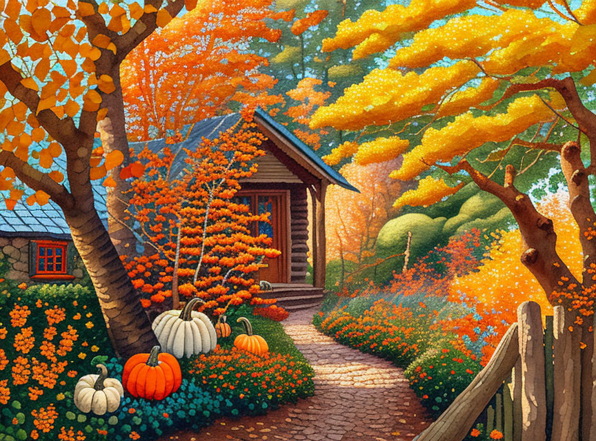 Cozy autumn cabin with pumpkins in vibrant foliage