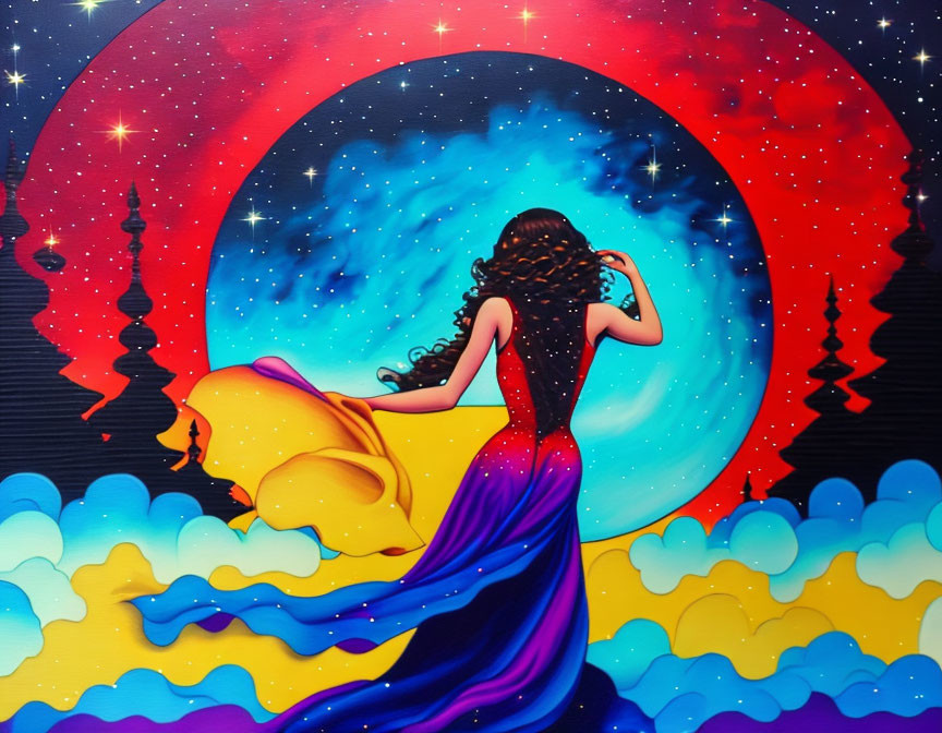 Vibrant illustration: woman in flowing dress under crescent moon