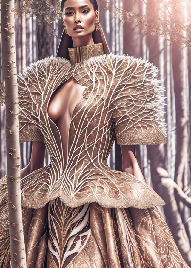 Elaborate gold leaf-patterned dress with ruffled collar in birch forest