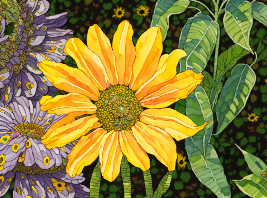 Detailed Illustration of Vibrant Yellow Flower with Purple Blooms