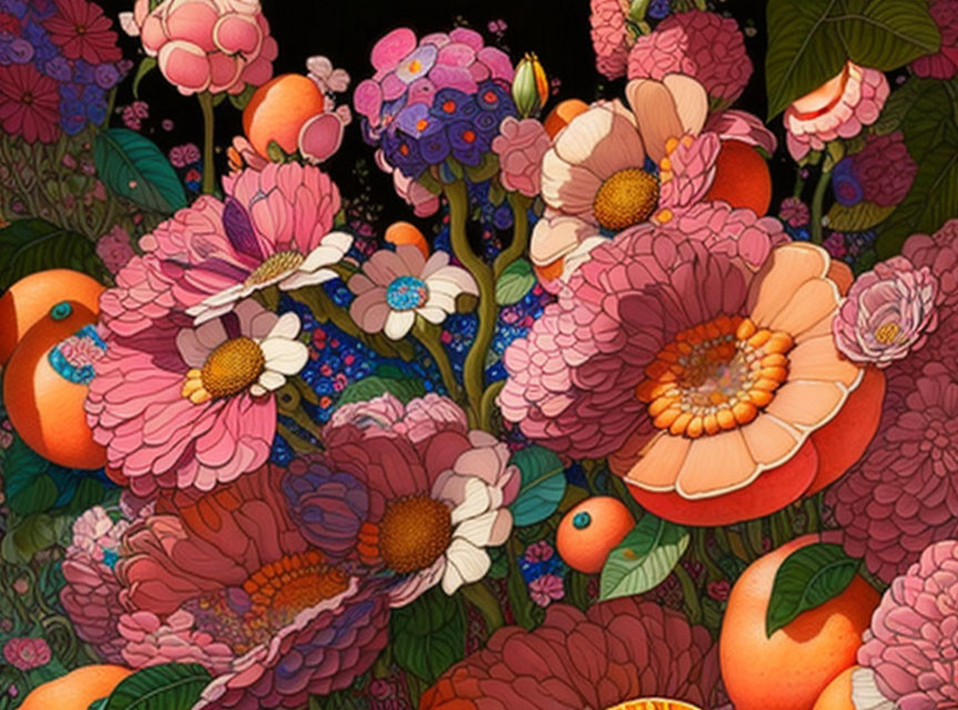 Colorful floral arrangement with pink and orange blooms and ripe oranges on dark background