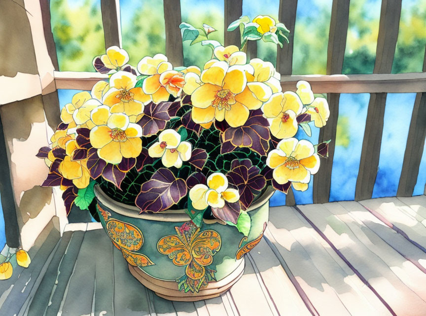 Vibrant yellow flowers in decorative pot on wooden deck