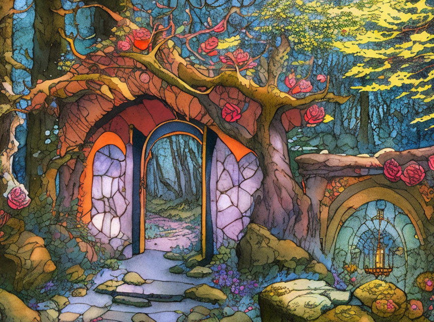 Vibrant flora in whimsical forest with arched doorway