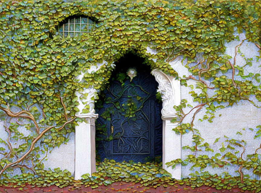 Intricate carvings on arched doorway with lush ivy integration