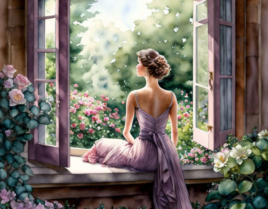 Woman in Purple Dress by Open Window Overlooking Blooming Garden