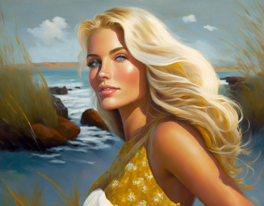 Blonde woman in yellow dress by the sea