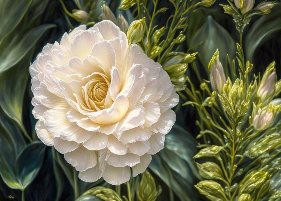 Pristine white ranunculus flower with delicate layered petals surrounded by green buds and foliage