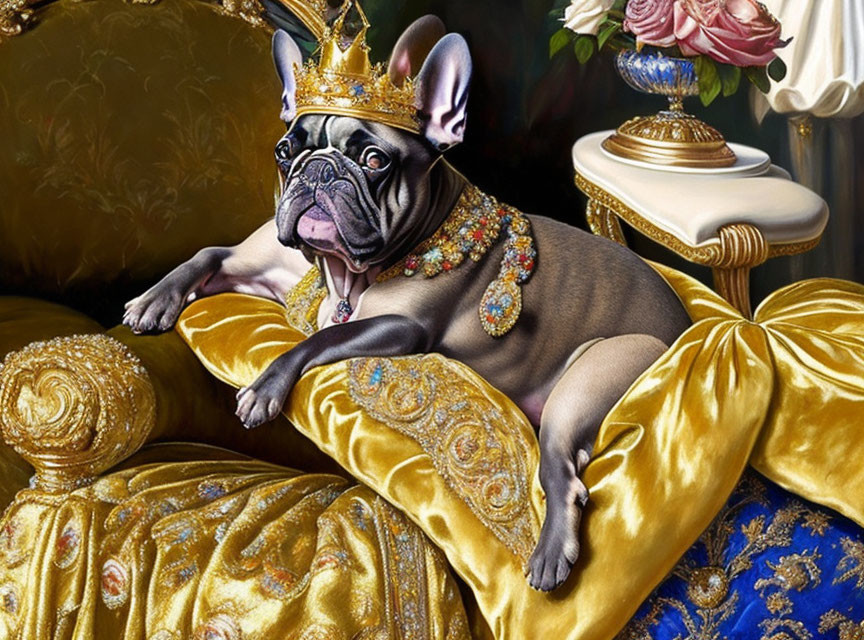 Regal French Bulldog on Golden Throne with Crown and Rose