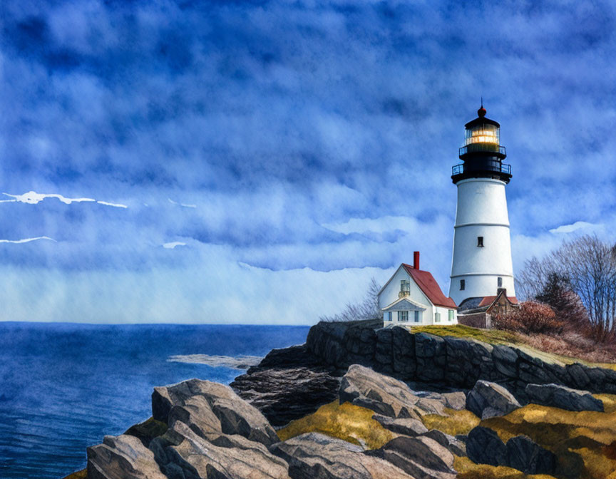 Scenic lighthouse on rugged cliffs under dramatic sky