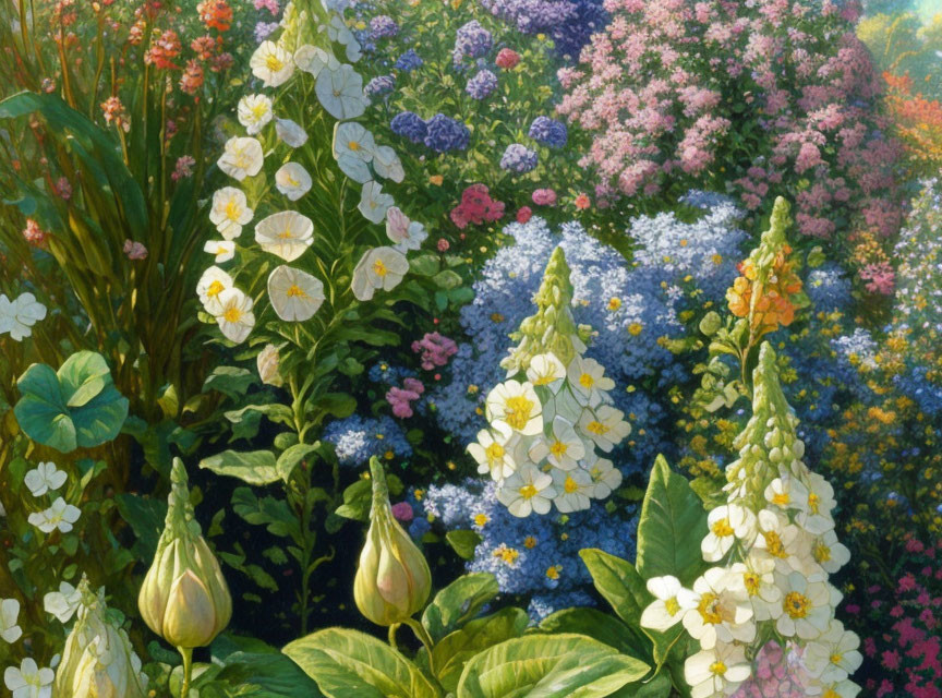 Colorful Flower Garden Scene with Whites, Pinks, and Purples in Soft Sunlight