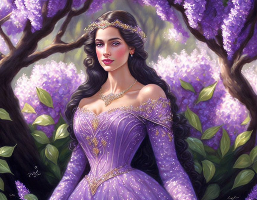 Regal Woman in Purple Gown Surrounded by Lilac Blooms