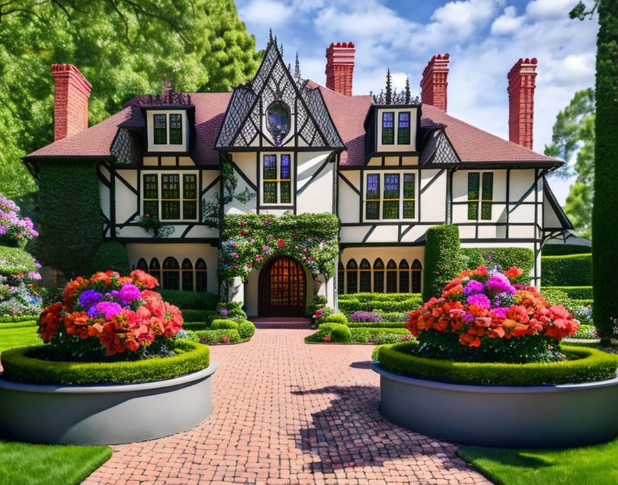 Tudor Style House with White and Black Exteriors and Red Chimneys