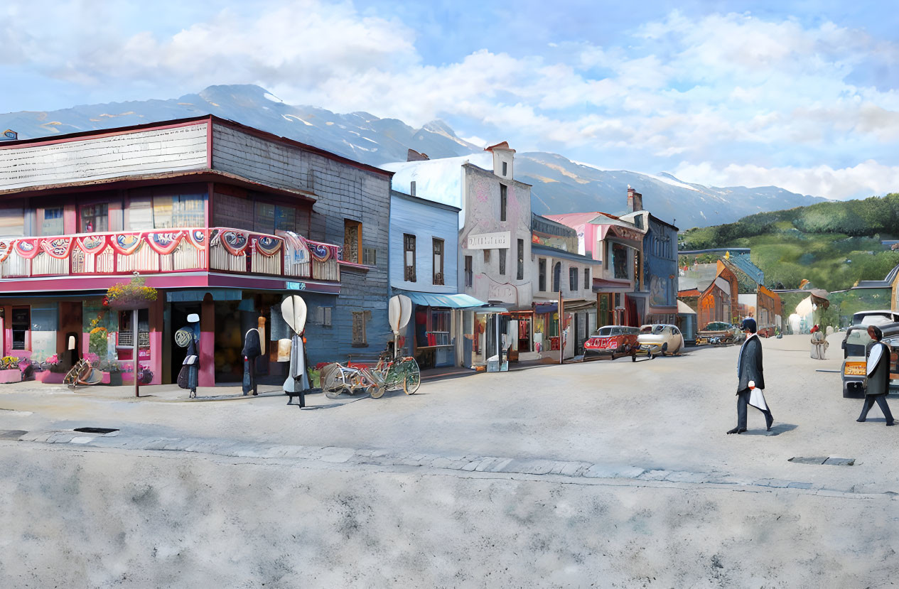 1950s cars and pedestrians in vibrant street scene