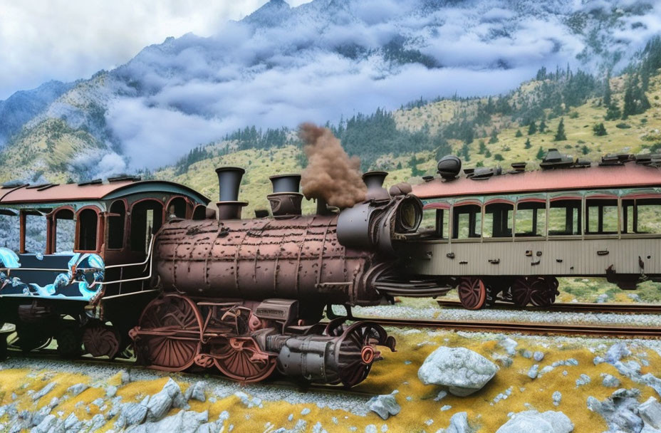 Vintage steam locomotive with red wheels on mountainous backdrop.