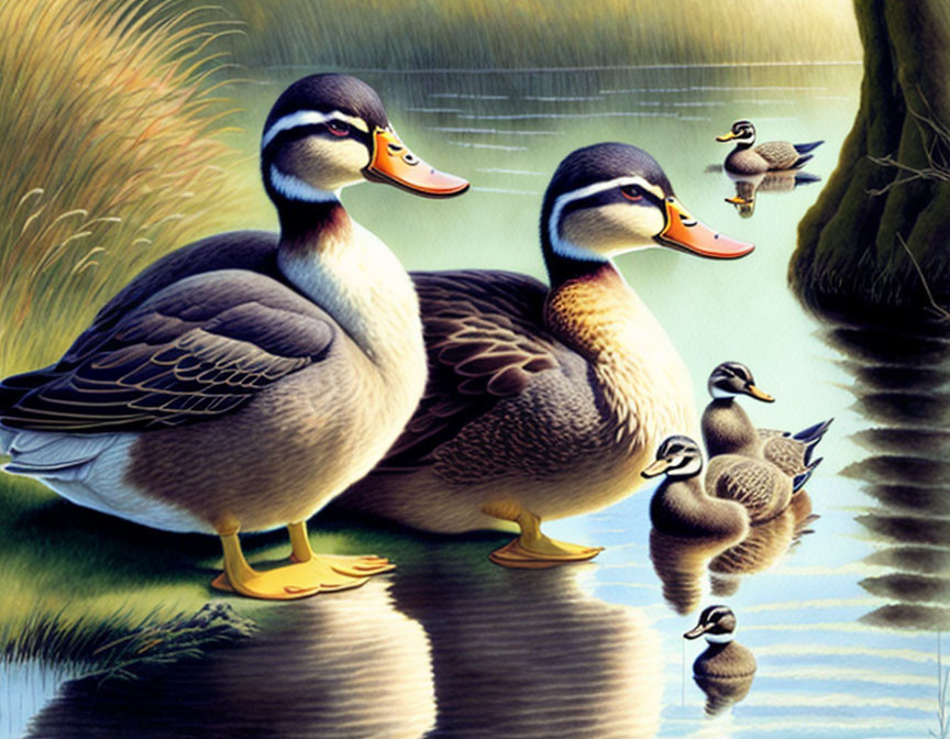 Vibrant duck family illustration near tranquil water and reeds