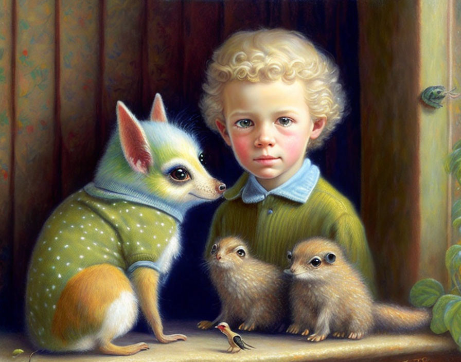 Child with Curly Hair, Fennec Fox, Meerkats, and Bird in Forest Scene