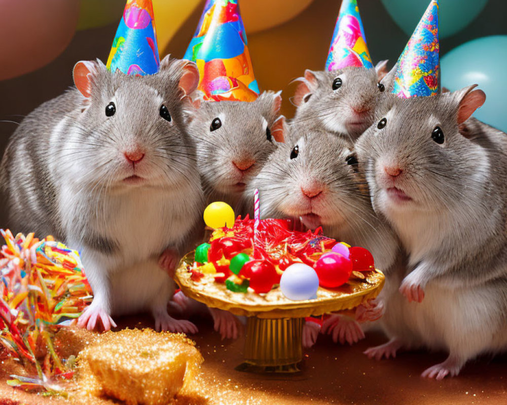 Five rats in party hats around a cake with candles on glittery surface