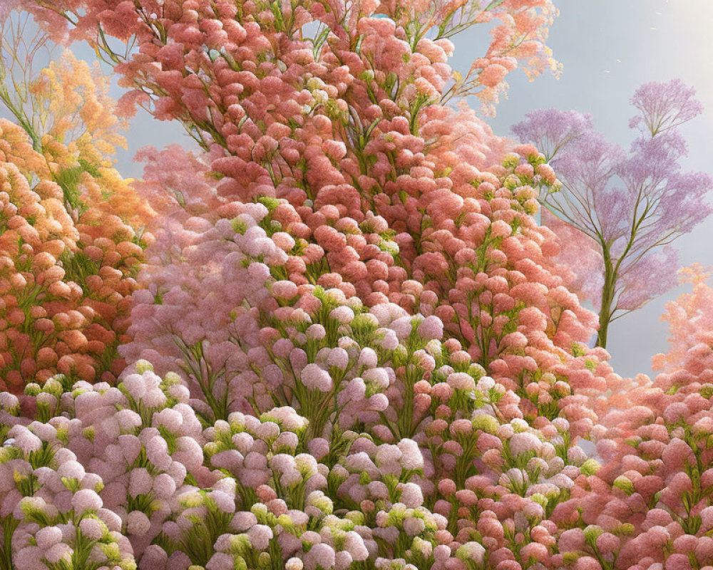 Vibrant pink and orange flowers blooming on trees under a soft sky