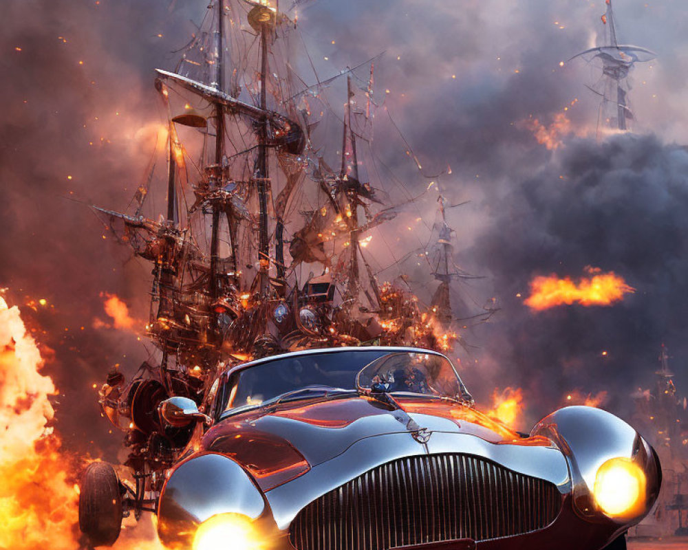 Vintage car escapes explosion with pirate ship and futuristic tower in background