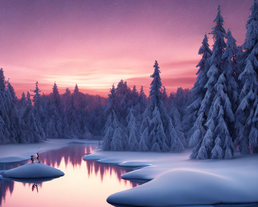 Snow-covered trees and icy river in serene winter twilight