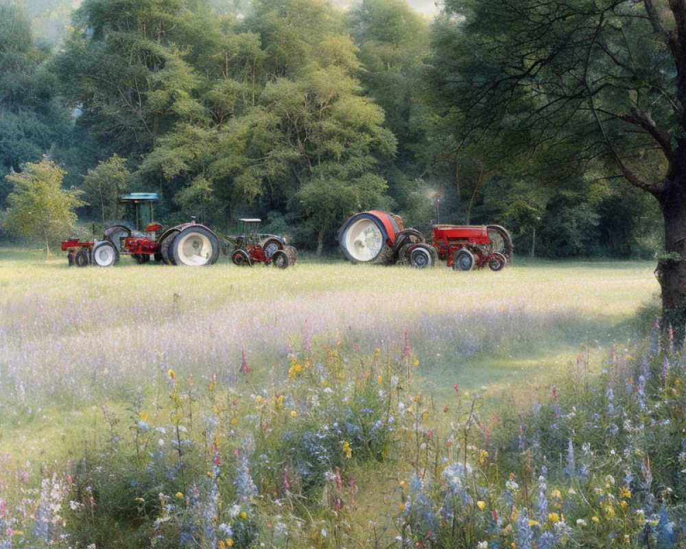 Vintage Tractors in Serene Wildflower Meadow