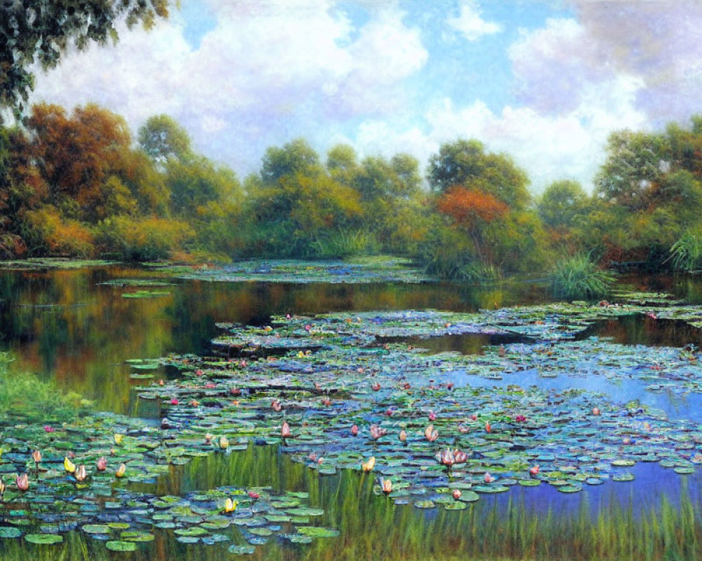 Tranquil landscape: pond with water lilies, autumn trees, hazy sky