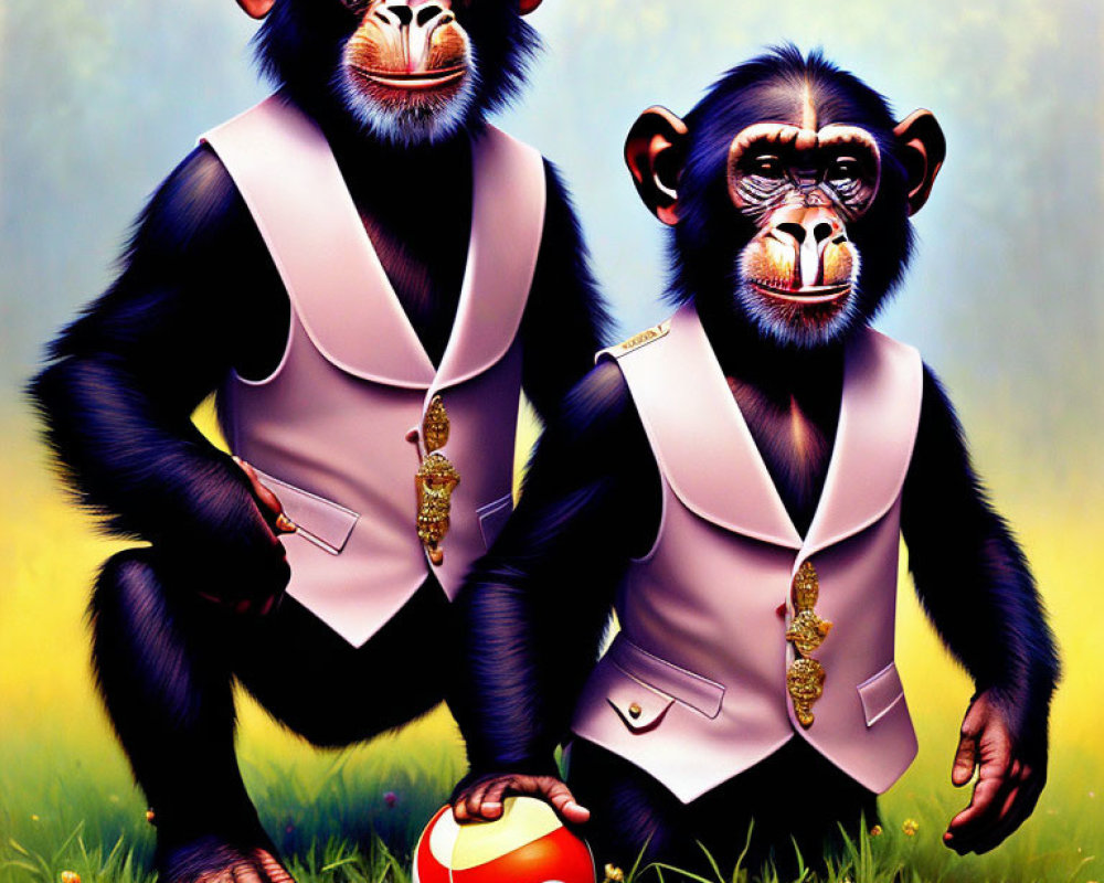 Illustrated chimpanzees in formal attire with beach ball in grassy setting