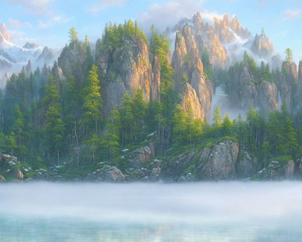 Tranquil waters and misty landscape with lush greenery and towering mountains