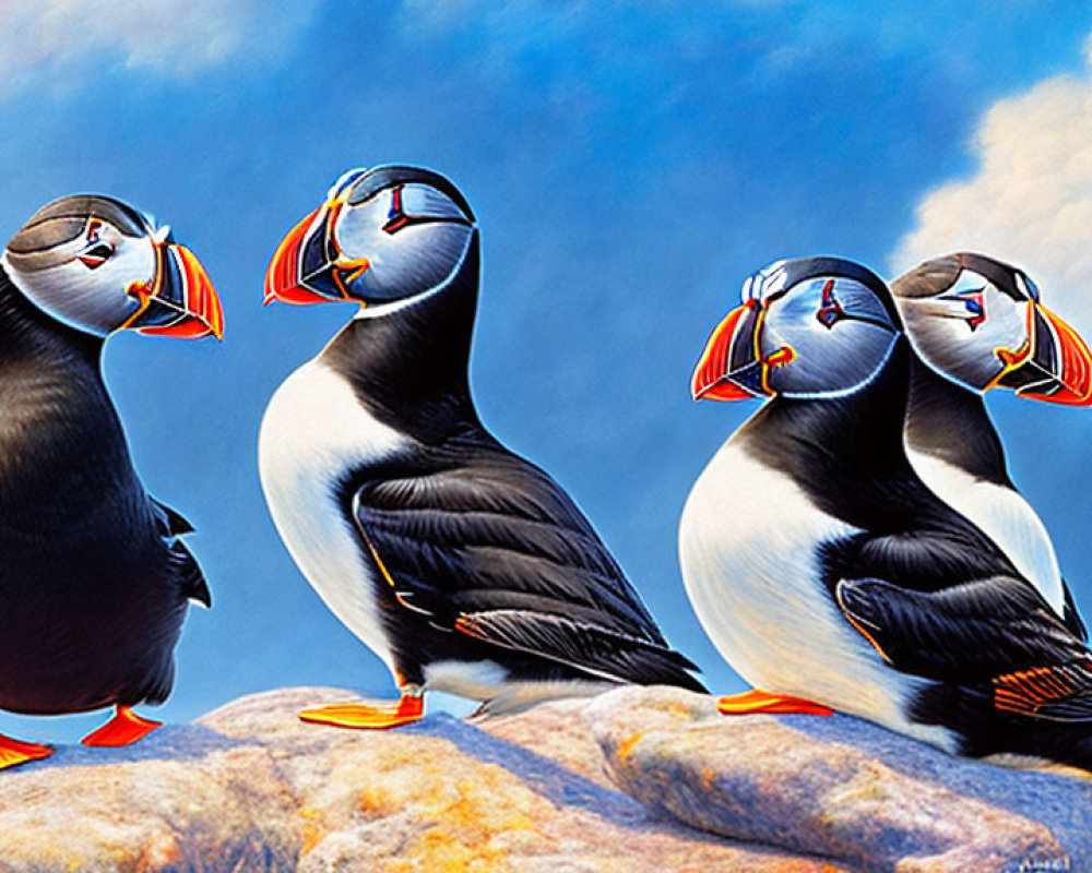 Four Colorful Puffins on Rock Against Blue Sky