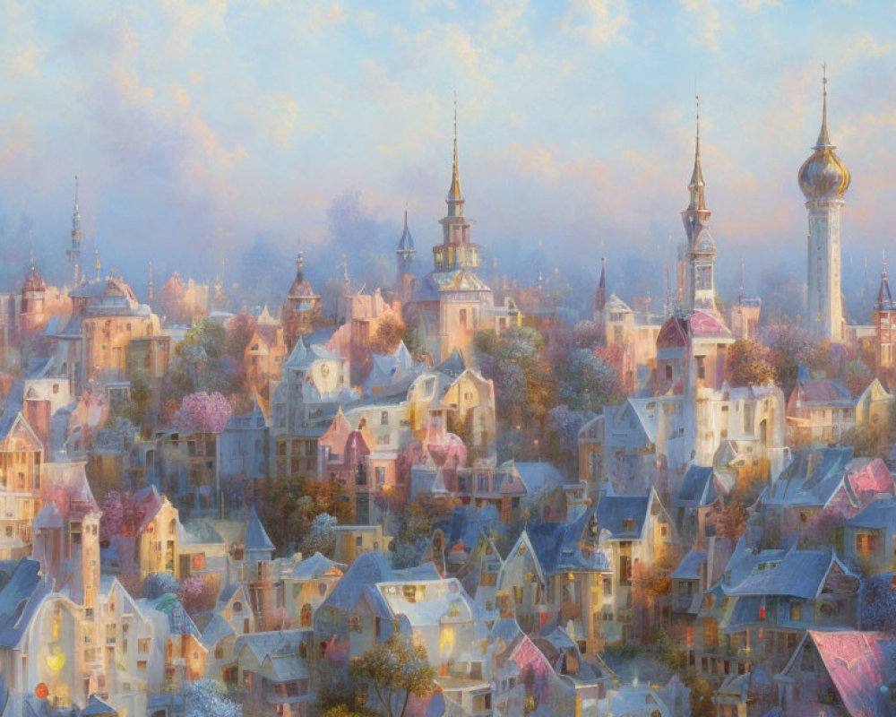 Pastel-colored fairy-tale cityscape with spired towers under dreamy sky