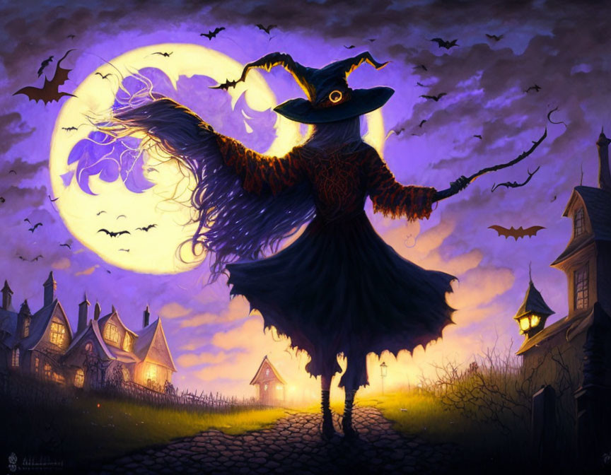 Whimsical witch dancing under full moon with bats and quaint houses