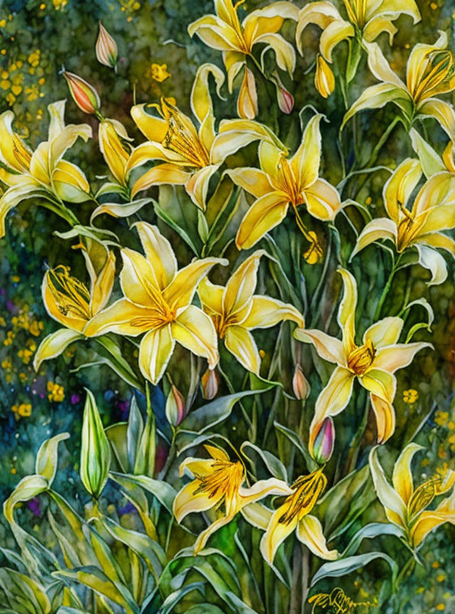 Yellow lilies painting with blooming flowers and buds on green background